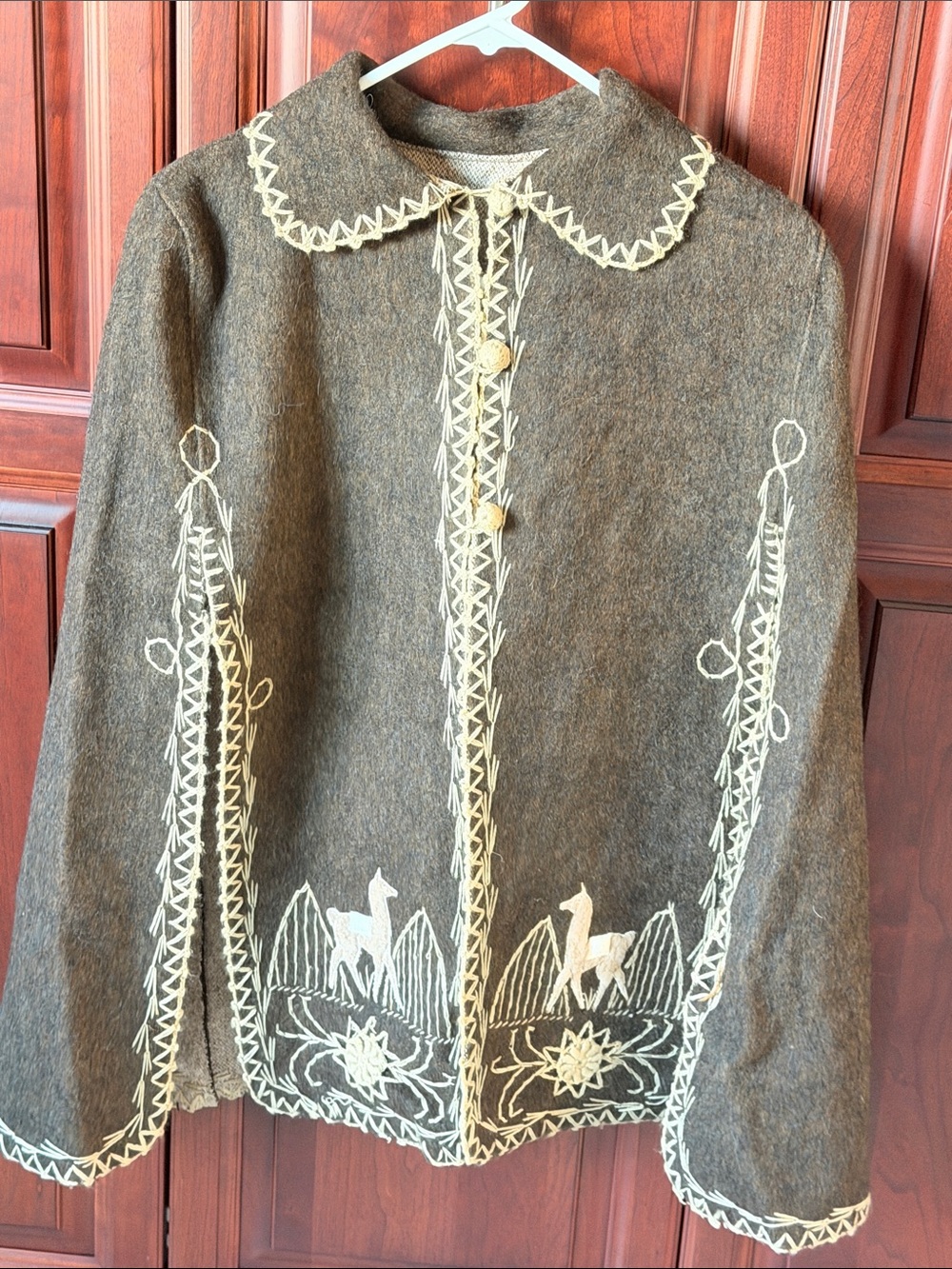 Women’s Brown Alpaca Embroidered Wool Poncho with Cream Trim